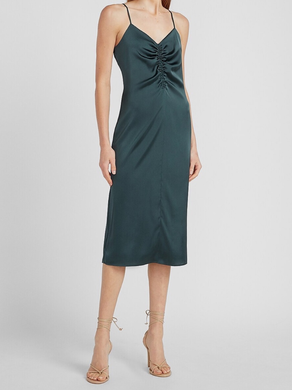 Express Forest Green Satin Ruched Slip Dress XSP